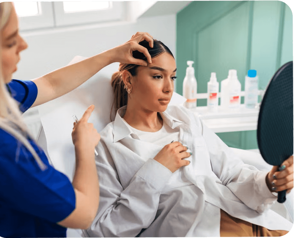 Dental professional examining patient's hair and scalp while patient holds mirror in modern clinic.